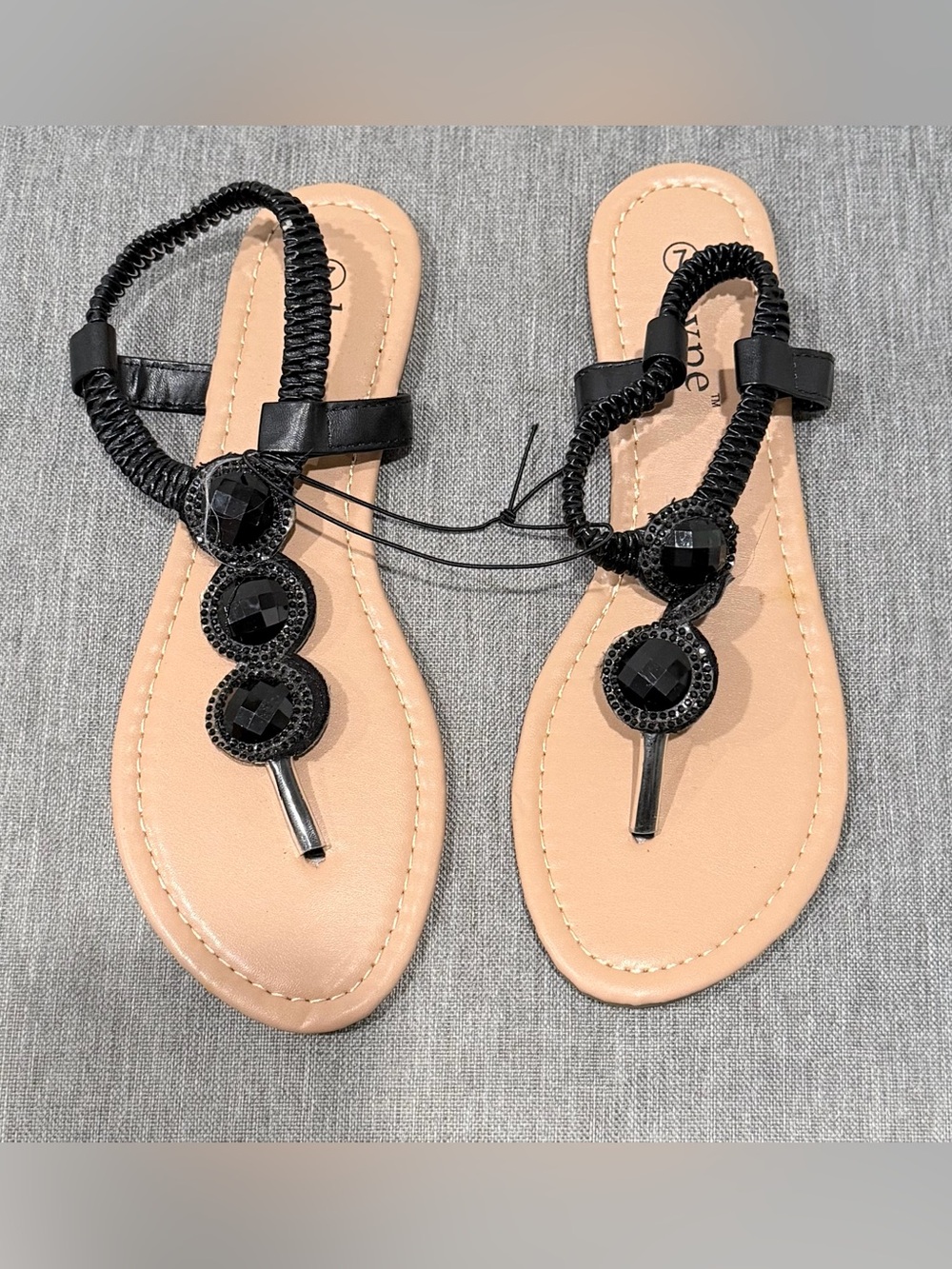 Hype Black Jeweled T-Strap Sandals with Tan Footbed